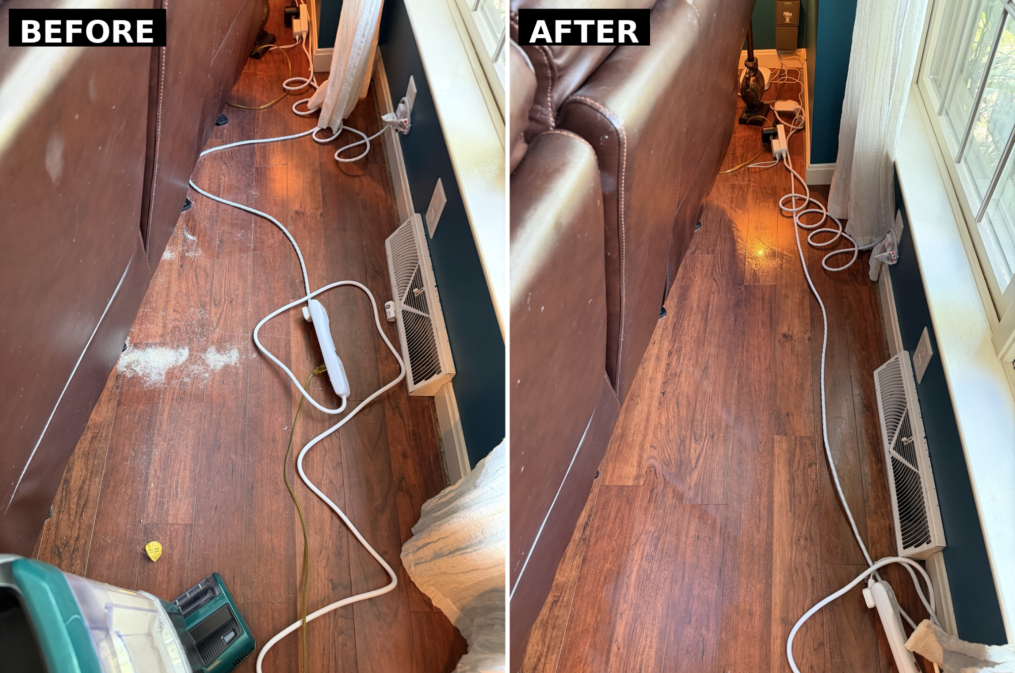 Floor cleanup before and after
